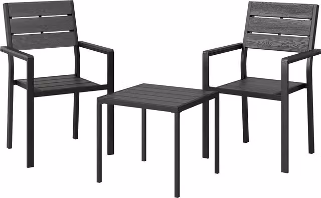 Set da Giardino Outsunny 3 Pezzi con Tavolino Bistrò e 2 Sedie Design a Lamelle, Colore Nero Opaco, Effetto Legno con Piano in HDPE Antiruggine