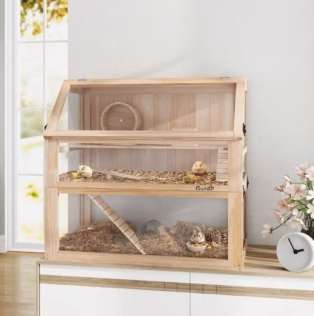 Gabbia per criceti ULEVR in legno 80x50x76 cm, 3 livelli con ruota, rampa e casetta, legno naturale