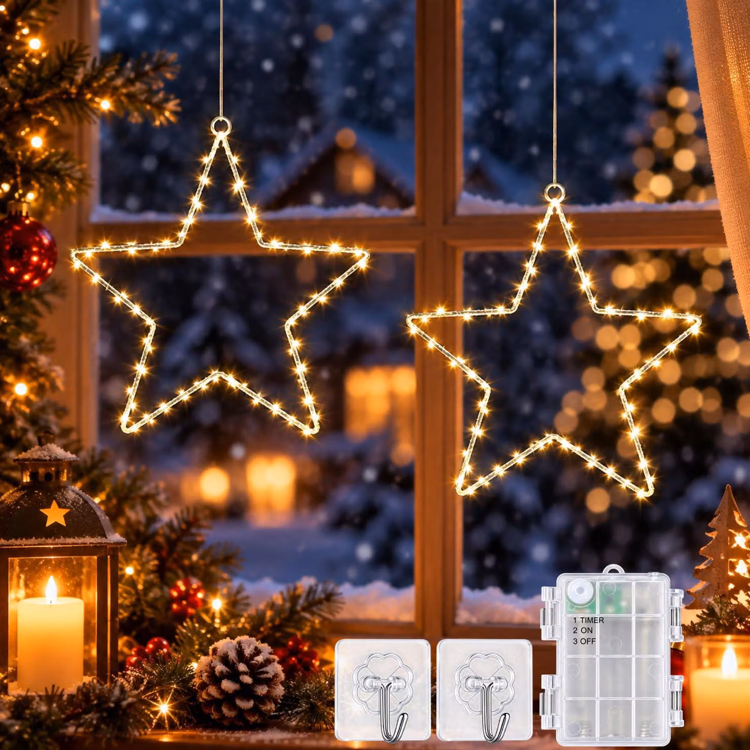 Set di 2 stelle decorative a LED, dimensioni 30x30 cm, con timer, alimentate a batteria, luce bianco caldo