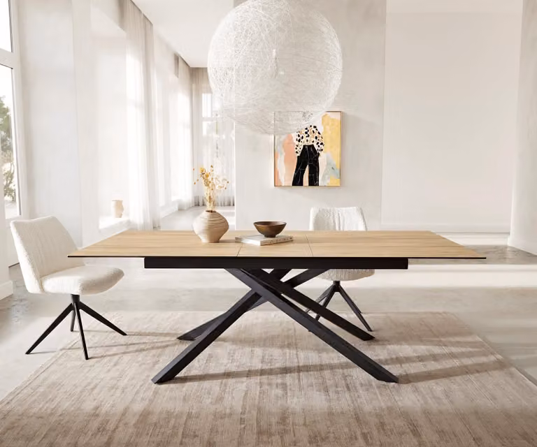 Tavolo da pranzo DELIFE Edge 180-220x100 in Vetroceramica Laminam® Sabbia color rovere con struttura a croce rettangolo nero allungabile