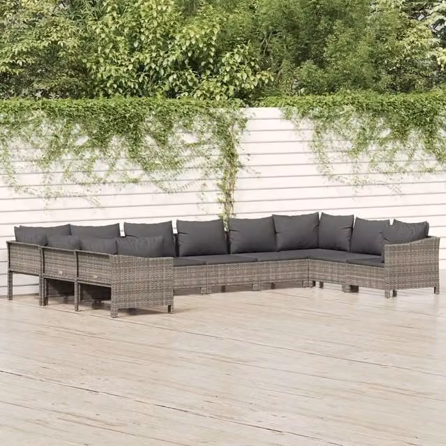 Set Divani da Giardino 10 pz con Cuscini in Polyrattan Grigio 3187306