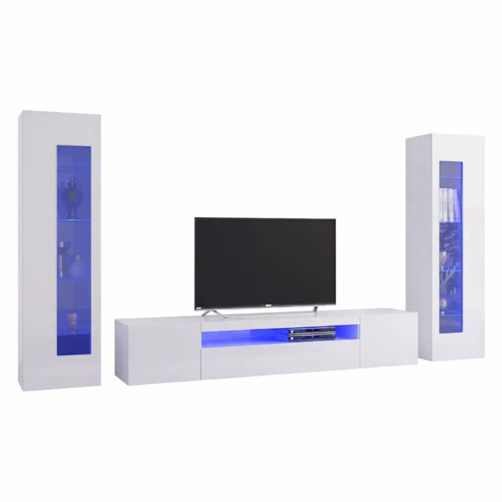 Parete attrezzata da soggiorno DMORA moderna in bianco lucido con luce LED blu L: 300 cm, P: 40 cm, H: 162 cm – 2