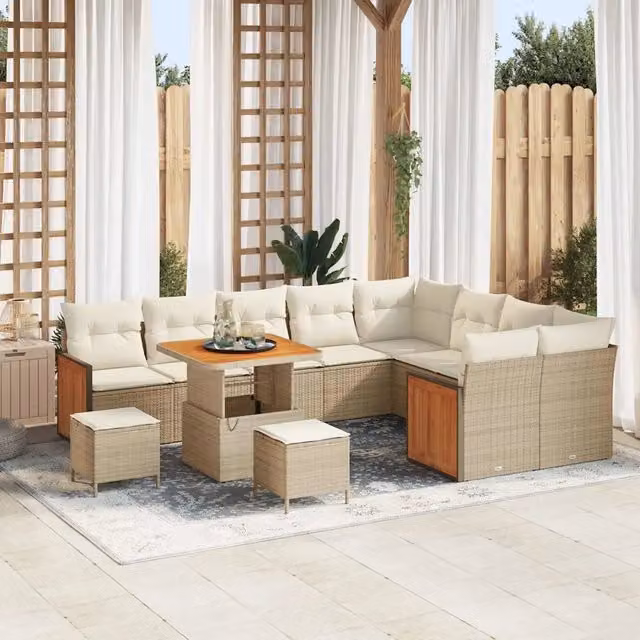 Set Divano da Giardino vidaXL a 9 Posti con Tavolino, Ottoman ed Elementi Angolari, Colore Beige e Bianco