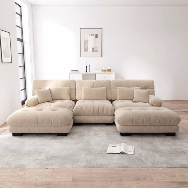 Divano modulare MIVRAY in ciniglia beige e marrone con ottomane mobili, configurabile a U, a L o lineare, con seduta profonda e cuscini inclusi