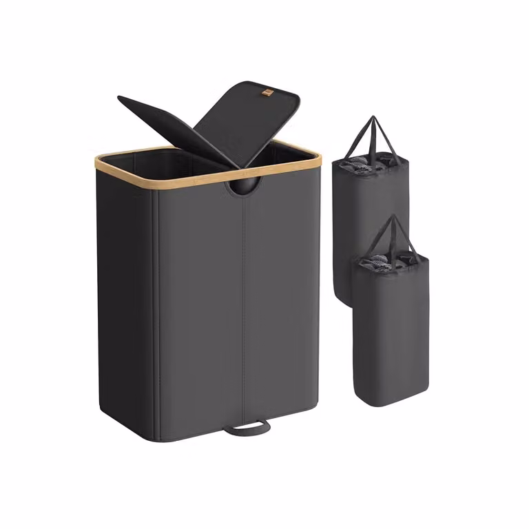 Cesto portabiancheria a 2 scomparti con sacchi rimovibili, Nero Inchiostro + Beige Naturale
