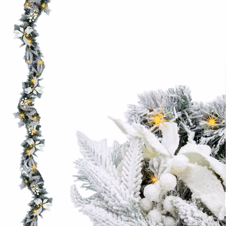 3.12.A12 Ghirlanda natalizia con neve e fiori bianchi - illuminata 50 LED / batteria / timer - lunghezza: 274 cm (HSG20-274)