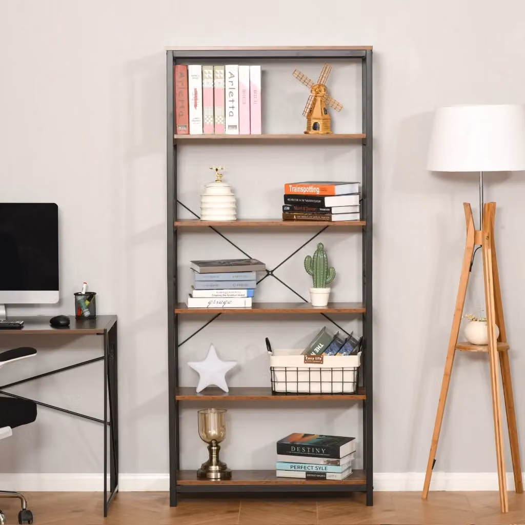 EasyComfort Libreria Salvaspazio Verticale con 6 Mensole in Stile Industriale Vintage, Legno e Metallo, L: 80 cm, P: 30 cm, H: 180 cm, Nero e Marrone – 2