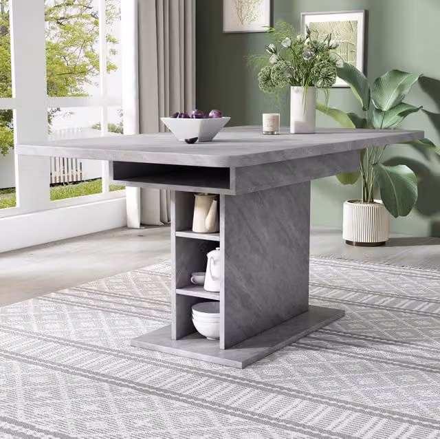 Tavolo da Pranzo Estensibile Rettangolare in Truciolato e Metallo con Spazio Portaoggetti, Design Moderna Effetto Cemento, Salvaspazio Multifunzionale