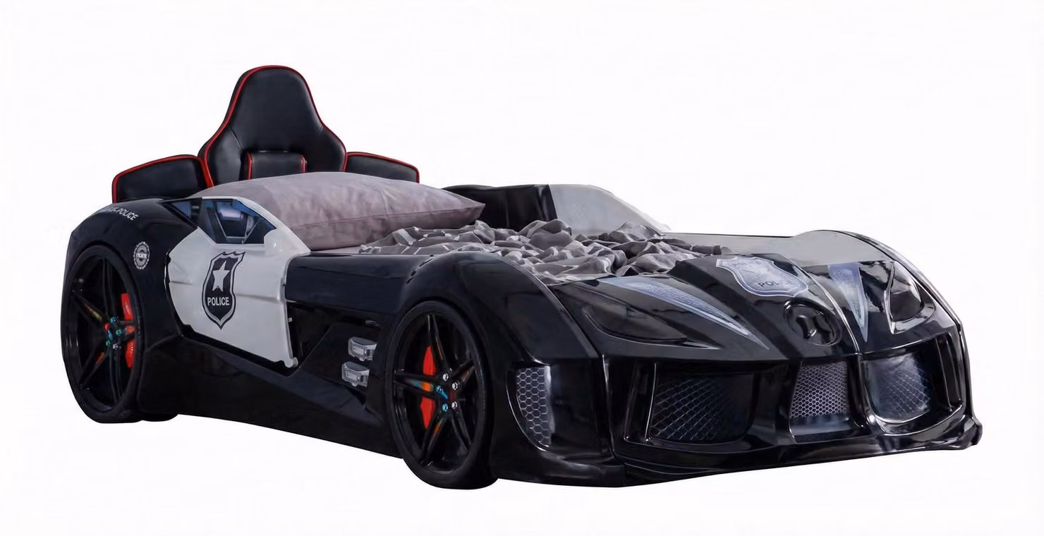 Lettino a forma di auto nero con luci LED ed effetti sonori per la cameretta dei bambini