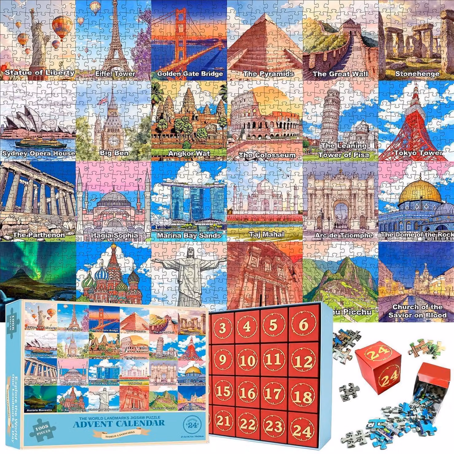 Calendario dell'Avvento a tema architettura mondiale, puzzle da 1008 pezzi, 24 giorni, dimensioni 70x50 cm