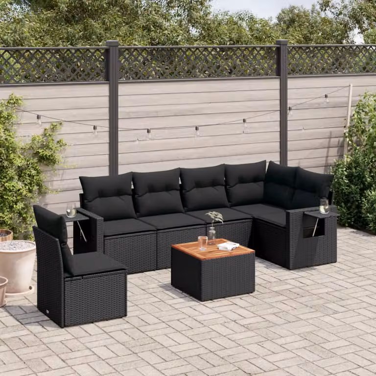 Set Divani da Giardino a L vidaXL in Polyrattan Nero con 7 Cuscini e Tavolino da Esterno