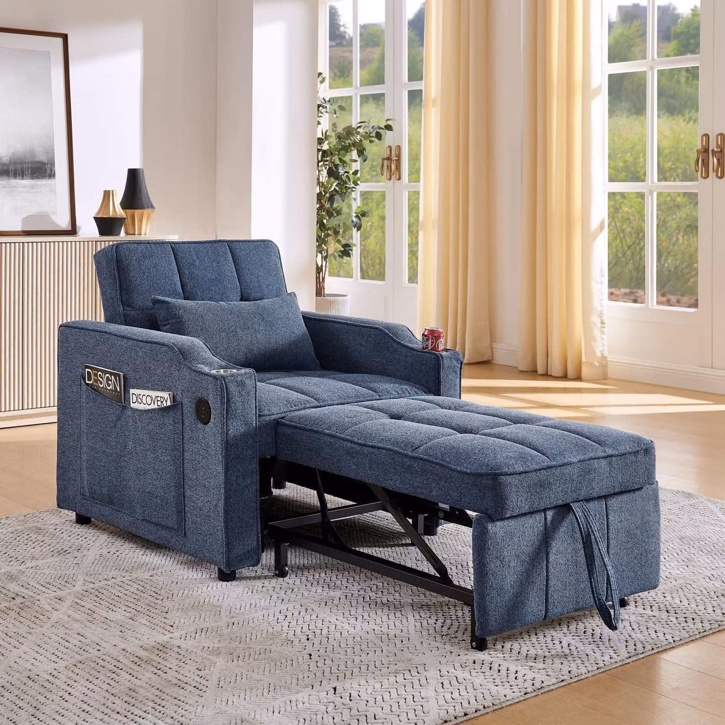 Divano letto 3 posti, con sistema scorrevole e porte USB per la ricarica, salvaspazio, ideale per il soggiorno e la stanza degli ospiti, colore blu