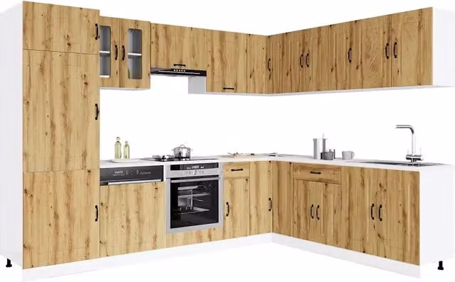 Set di mobili da cucina moderno vidaXL in legno e vetro color marrone con ante a battente e configurazione ad angolo L/P/H: 207.0 x 75.5 x 80.0 cm