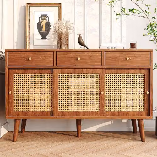 Cassettiera AIORBER con 3 cassetti e 3 ante scorrevoli, decoro in rattan sulle ante, ripiani regolabili, per soggiorno, 120x40x78 cm, noce