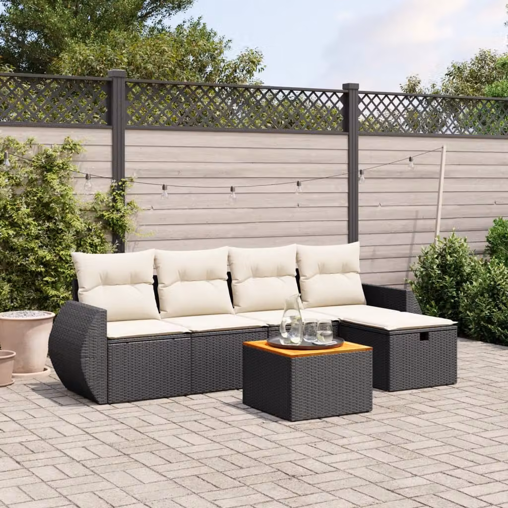 Set Divano da Giardino a L vidaXL con Cuscini, Tavolino e Pouf, Nero – 1
