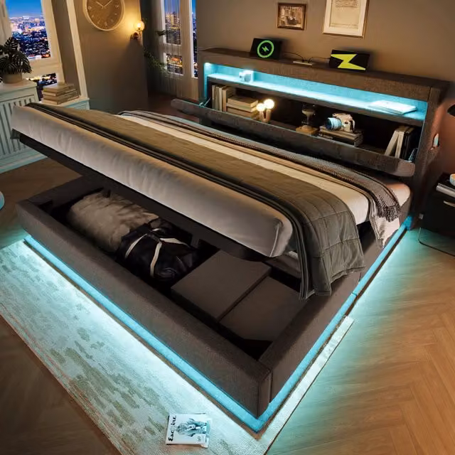 Letto matrimoniale 160×200 cm con vano idraulico, LED, 3 porte USB e porta tipo C, senza materasso, lino grigio