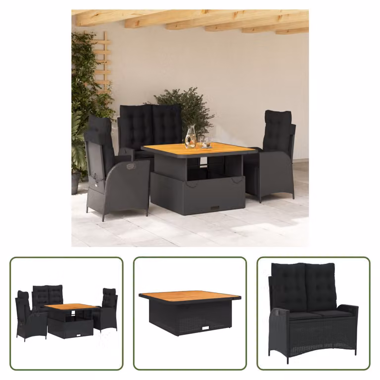 The Living Store Set da pranzo da giardino 4 pezzi con cuscini in poly rattan nero