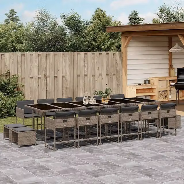 Set da pranzo da giardino vidaXL in polyrattan con cuscini grigi e piano in vetro, 17 pezzi
