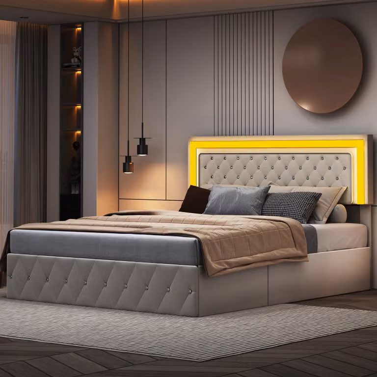 CDGlobal letto imbottito con LED, letto a molle idrauliche 160x200cm con rete a doghe e contenitore, letto matrimoniale in legno letto per ragazzi in Pelle finta,