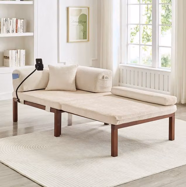 Divano letto singolo estraibile pieghevole in velluto beige con struttura in legno massello HOMVRA