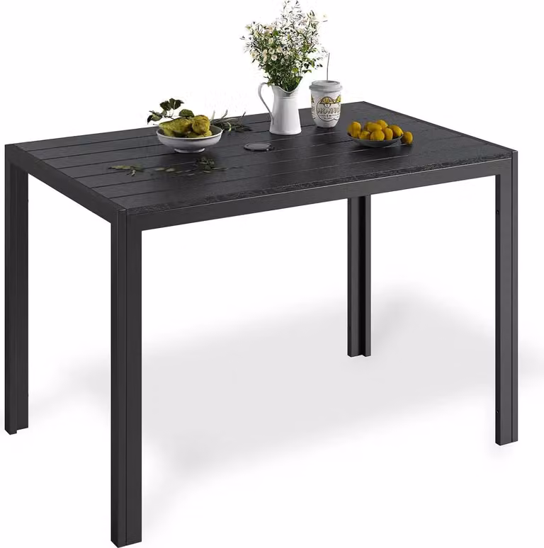 Tavolo da giardino - Tavolo da pranzo per esterni - Con foro per ombrellone - Struttura in alluminio - Piano in WPC - Resistente agli agenti atmosferici - 110×70×73 cm - Per 6 persone - Nero
