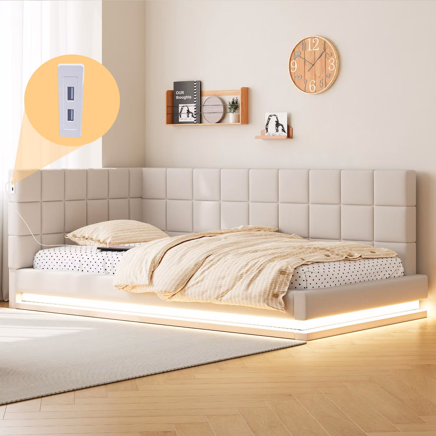 Letto imbottito Flieks 90x200cm con USB e LED, divano letto con rete a doghe, letto singolo letto per ragazzi letto per ospiti letto funzionale, lino, beige