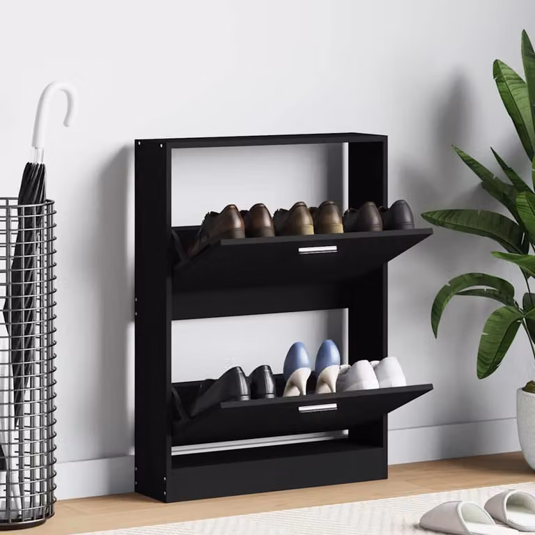 Scarpiera moderna vidaXL nera con scomparti basculanti in legno e MDF, da appendere al muro, L: 59 cm, P: 17 cm, H: 81 cm