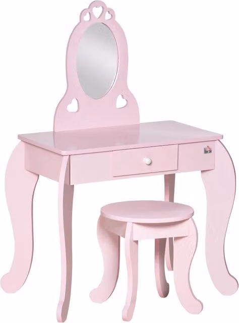 Toeletta per bambini Xylo in legno rosa con specchio, cassetto e sgabello L: 60 cm, P: 36 cm, H: 88 cm