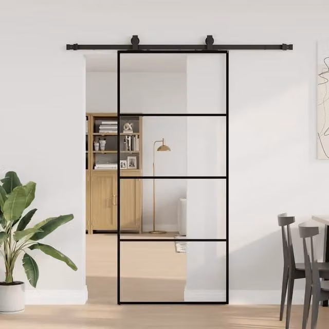 Porta Scorrevole Moderna vidaXL in Vetro Trasparente con Telaio in Alluminio Nero L: 90 cm, H: 205 cm