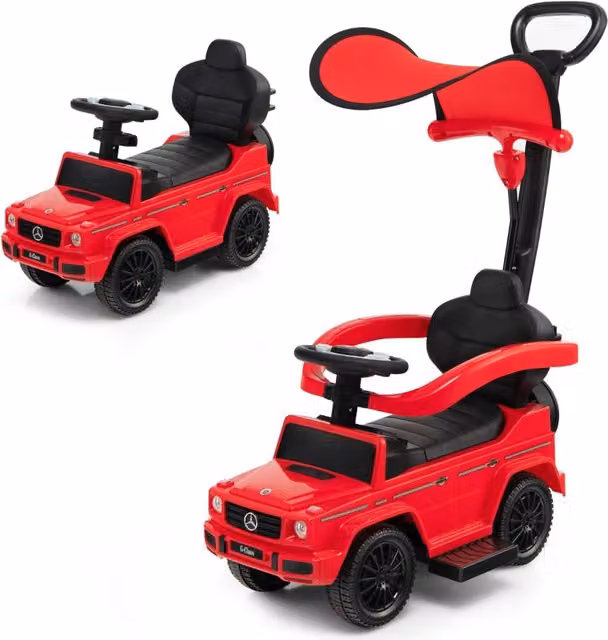 Auto a spinta Mercedes per bambini con tettuccio regolabile e luci e suoni, carrozzina e auto camminante rossa per 12-36 mesi