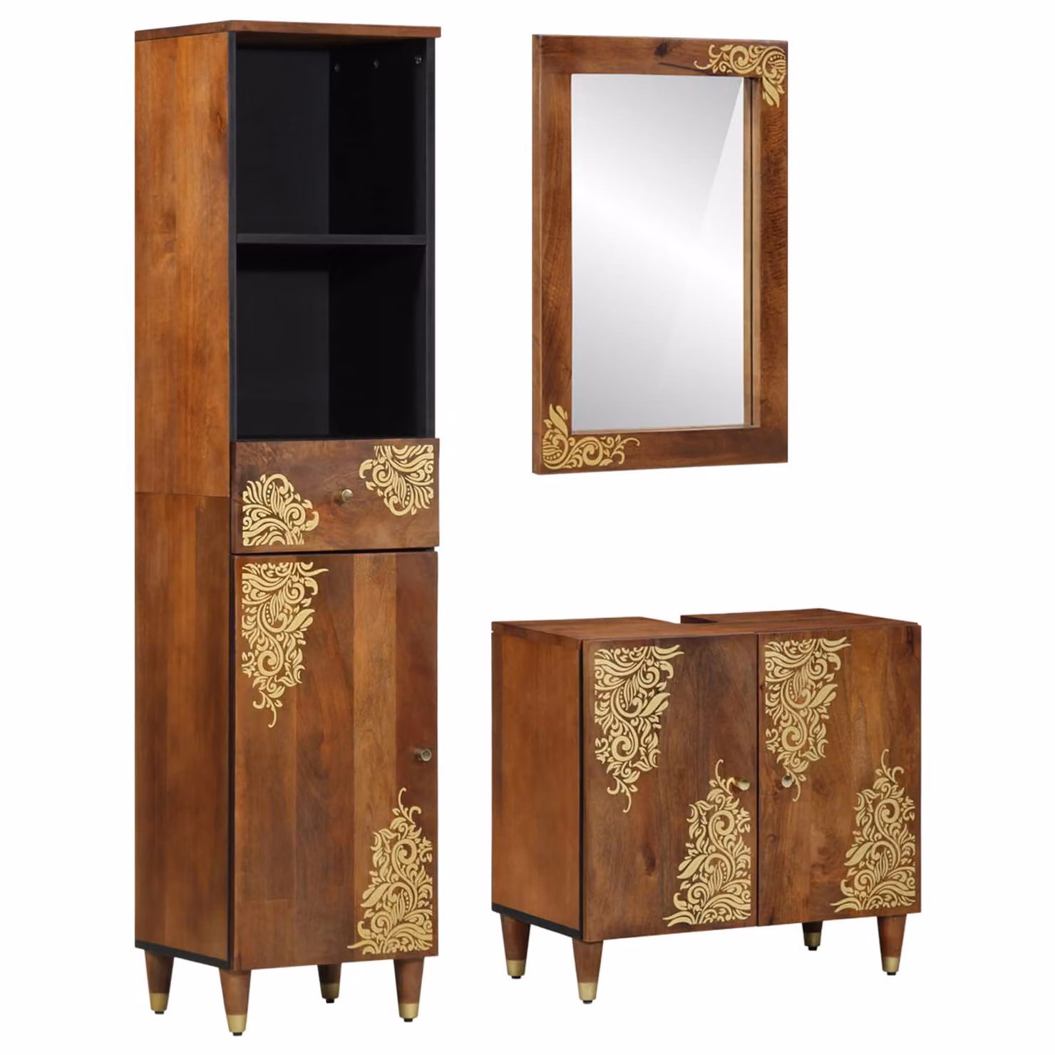 Set di 3 mobili da bagno vidaXL in stile rustico color mango con specchiera, colonna e mobile sottolavabo, L/P/H: 160 x 41,08 x 62 cm – 1
