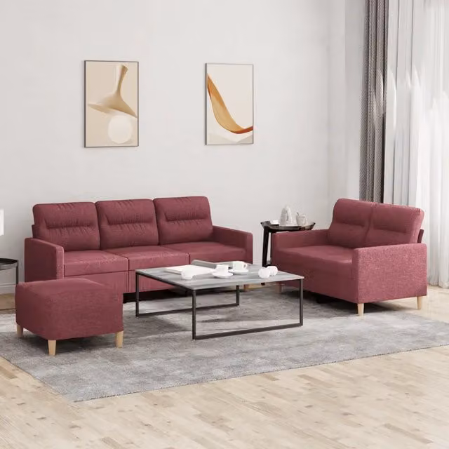 Set di Divani 3 pz con Cuscini Rosso Vino in Tessuto 3201614
