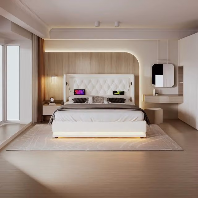 Letto imbottito matrimoniale contenitore ¨C Minimal ¨C Bianco similpelle 160x200cm testiera LED USB idraulico