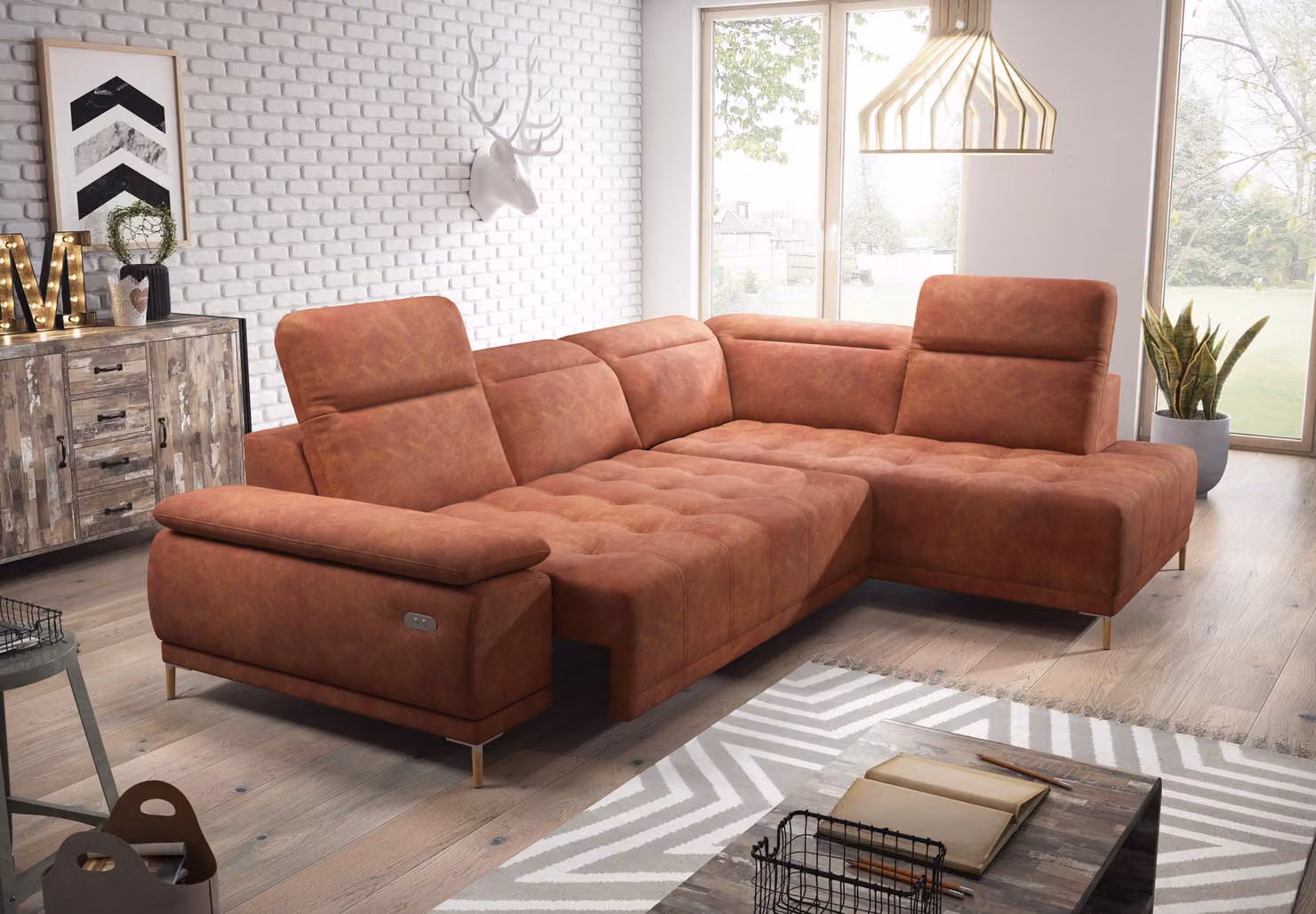 Divano angolare a forma di L, componibile, design moderno, elemento centrale del soggiorno