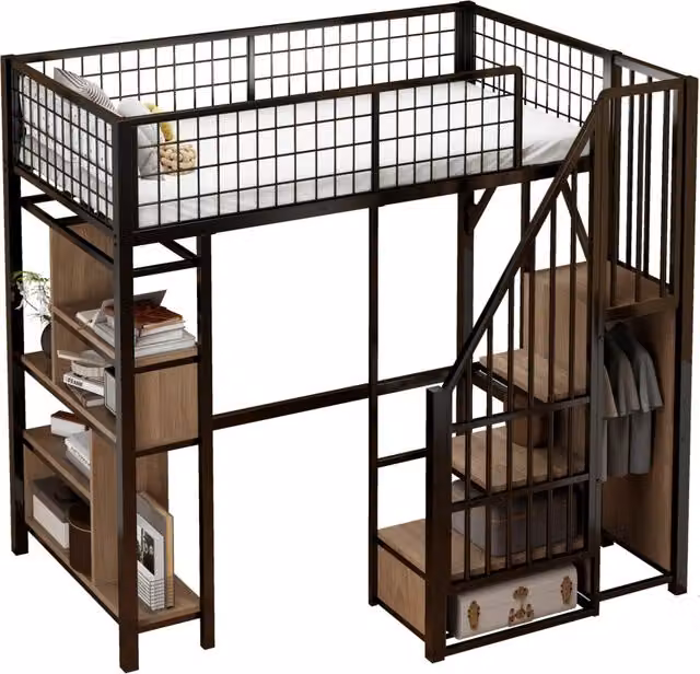 Letto a soppalco 90x200 cm con scala contenitore e vani; in metallo e legno; nero