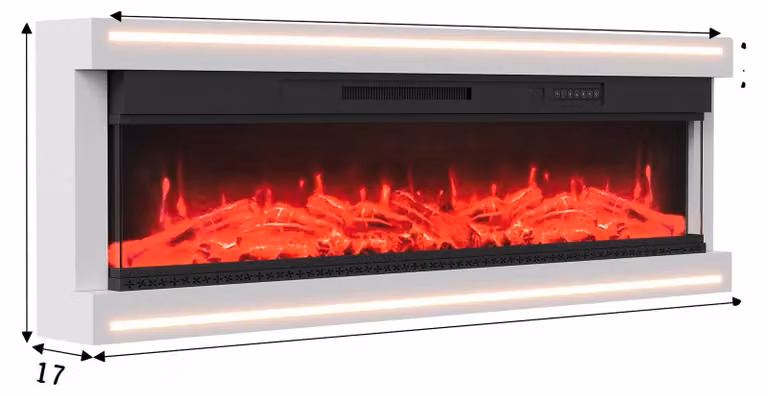 Camino elettrico, design a parete, livelli di riscaldamento regolabili, bianco - 60 pollici