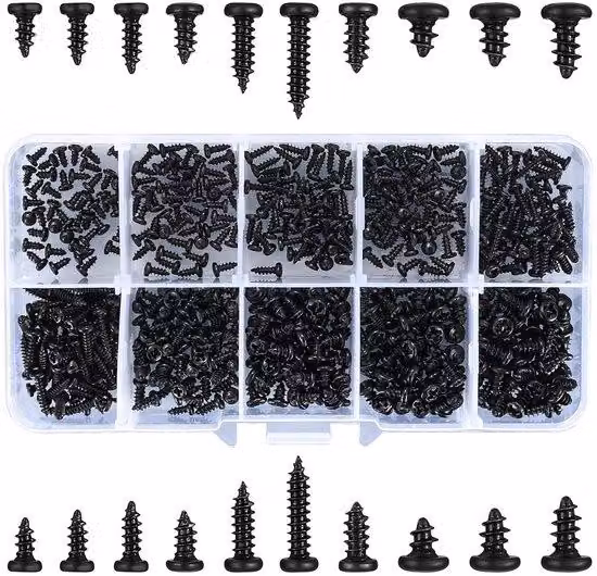 Viti a testa cilindrica nere per plastica e legno, autoperforanti, confezione da 500 pezzi