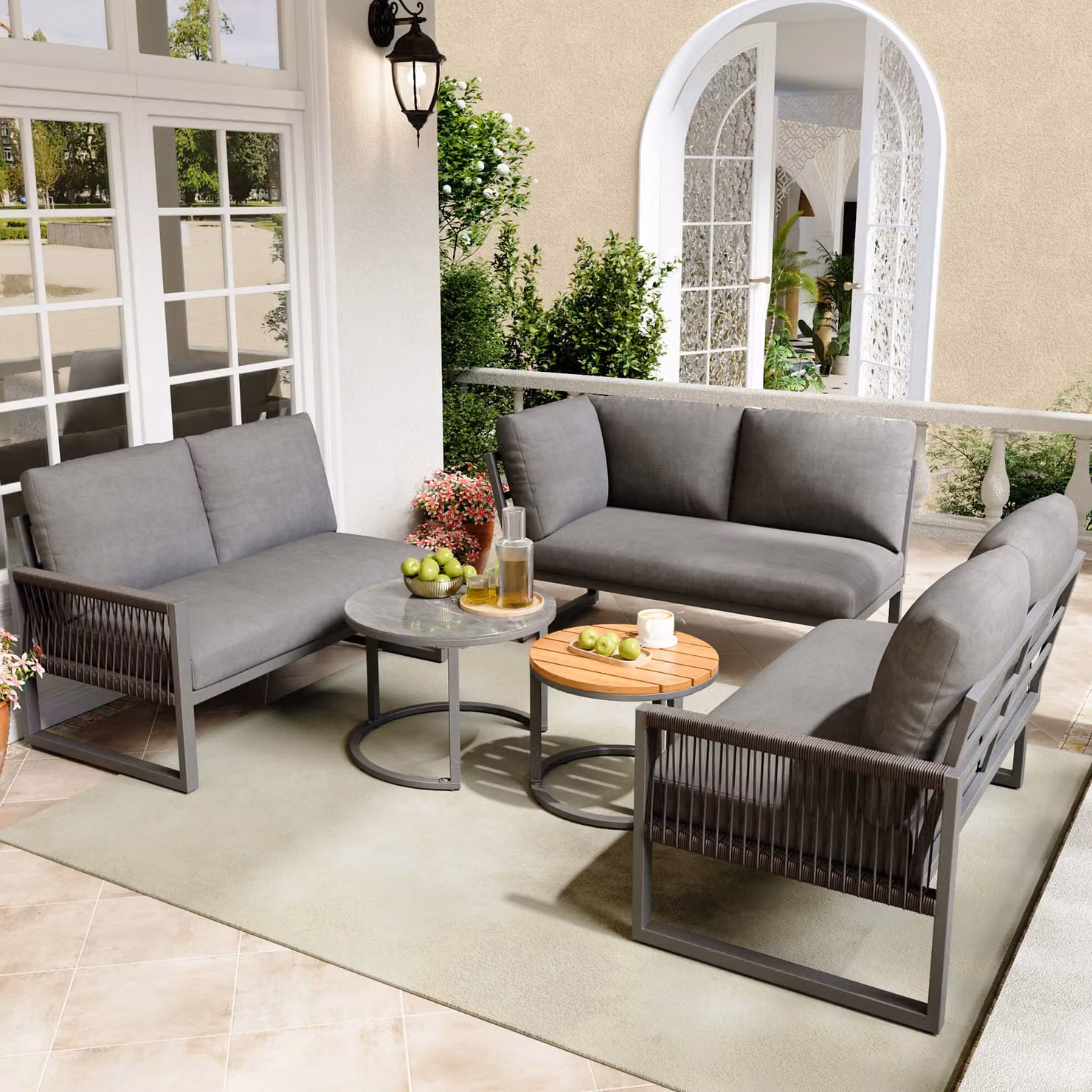 MERAX set da giardino in corda con cuscini e piedini regolabili, 5 pezzi, set da giardino mobili da balcone mobili da patio, gruppo di sedute a 6 posti mobili da giardino