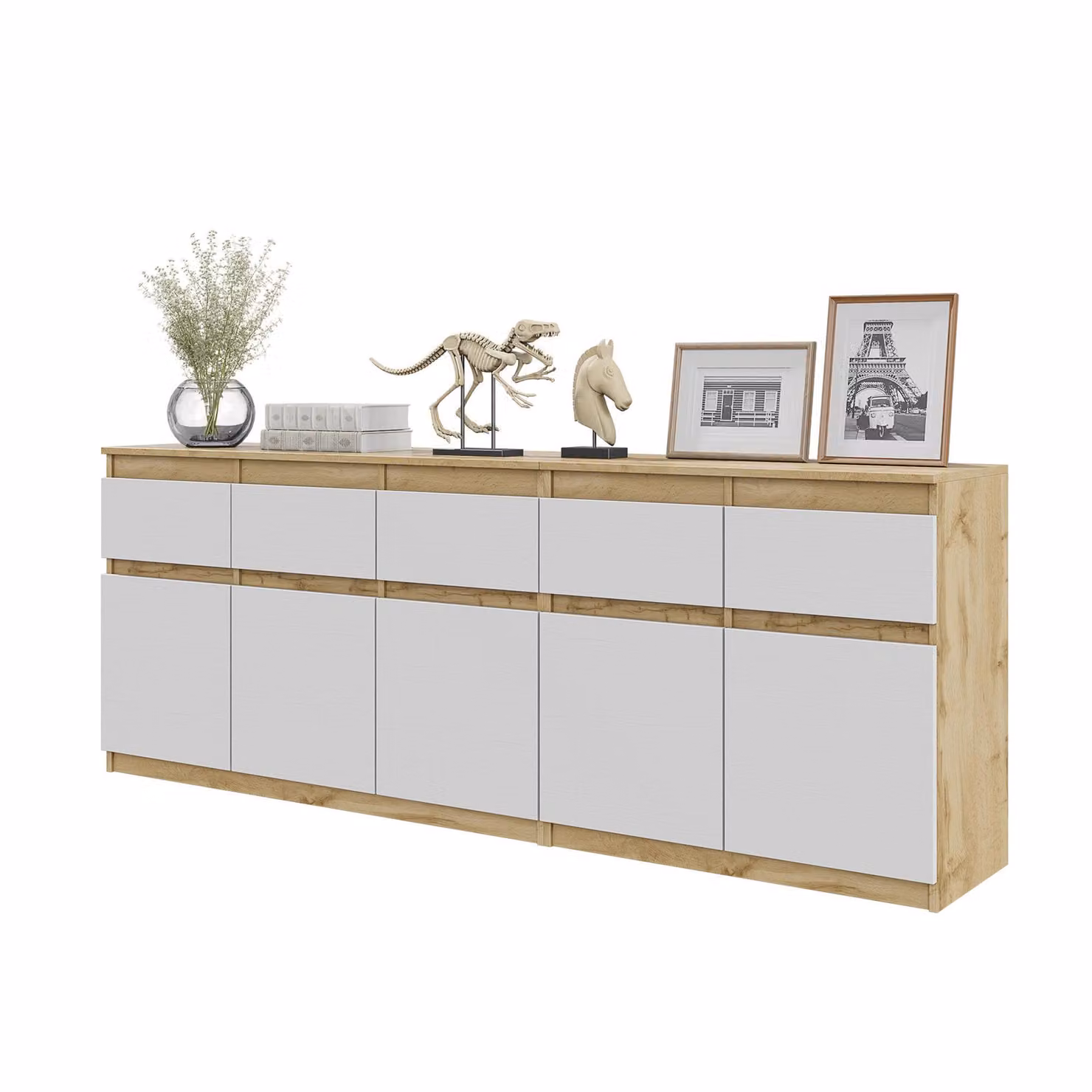 Set Di Due Cassettiere (120 + 80 Cm) Rovere Wotan / Bianco Opaco, 5 Cassetti, 5 Ante, 5 Ripiani