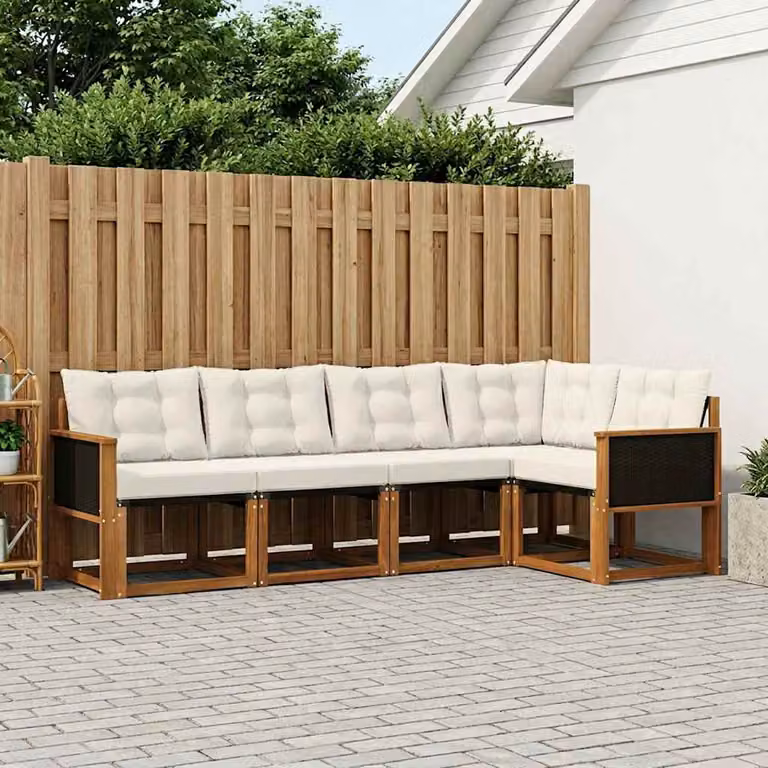 Set di divani da esterno vidaXL a forma di L composto da 5 pezzi in legno di acacia con rivestimento in textilene e cuscini beige e marrone