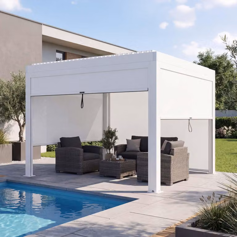 Pergola MCW-L46 con parete laterale, gazebo da giardino Gazebo a lamelle Tenda a rullo, telaio in alluminio da 11 cm, resistente alle intemperie 3x3 m ~ bianco