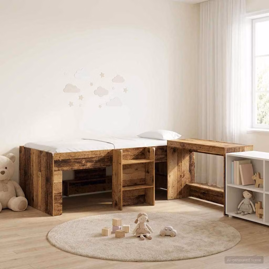 Letto a soppalco esclusivo con scrivania per bambini, 2 pezzi, realizzato in legno di recupero