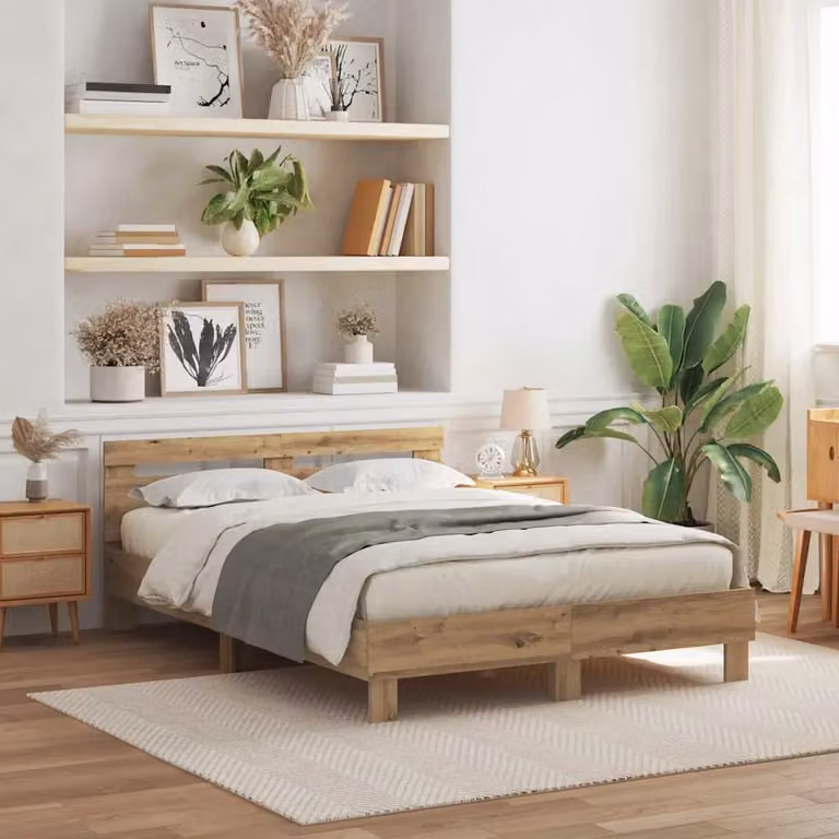Struttura letto moderna vidaXL in legno color rovere con illuminazione sottostante e porta USB, L/P/H: 190 x 140 x 70 cm