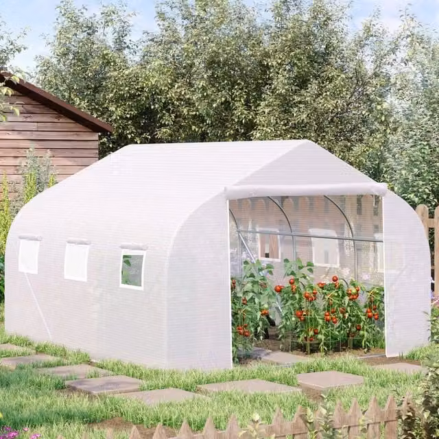 Serra tunnel REDOM in metallo bianco con copertura trasparente L: 445 cm, P: 299 cm, H: 205 cm