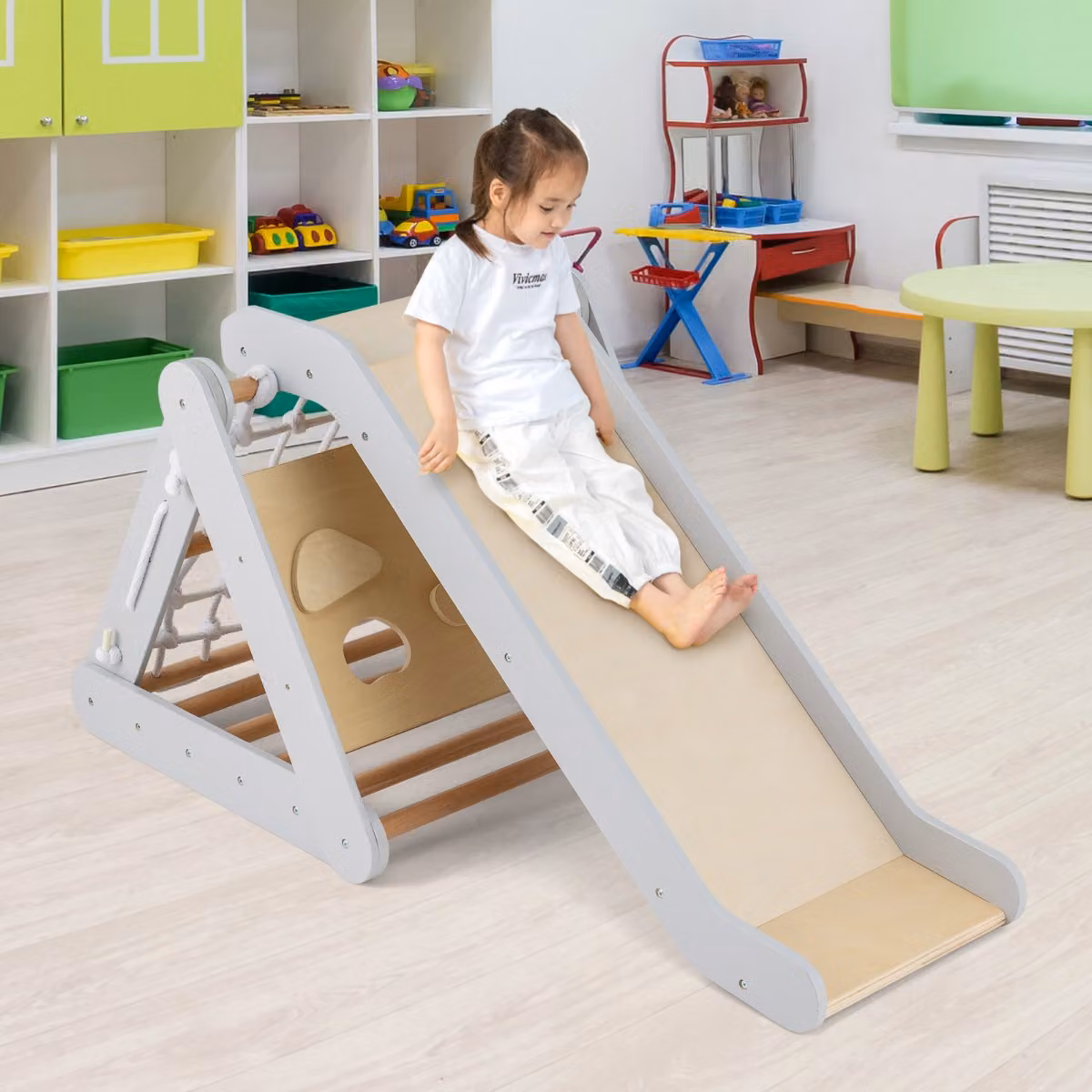 Struttura per arrampicata in legno Costway 4-in-1 con scivolo e rete per bambini, Grigio