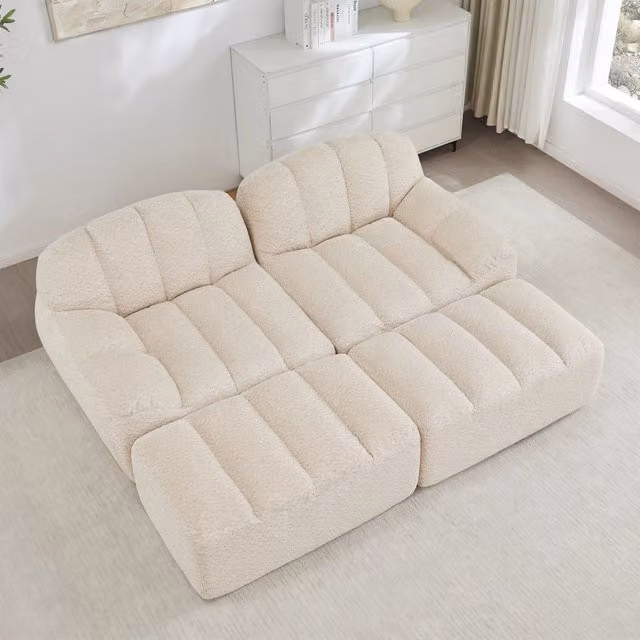 Divano angolare modulare MIVRAY reversibile in tessuto con ottomana coordinata beige e bianco per soggiorno