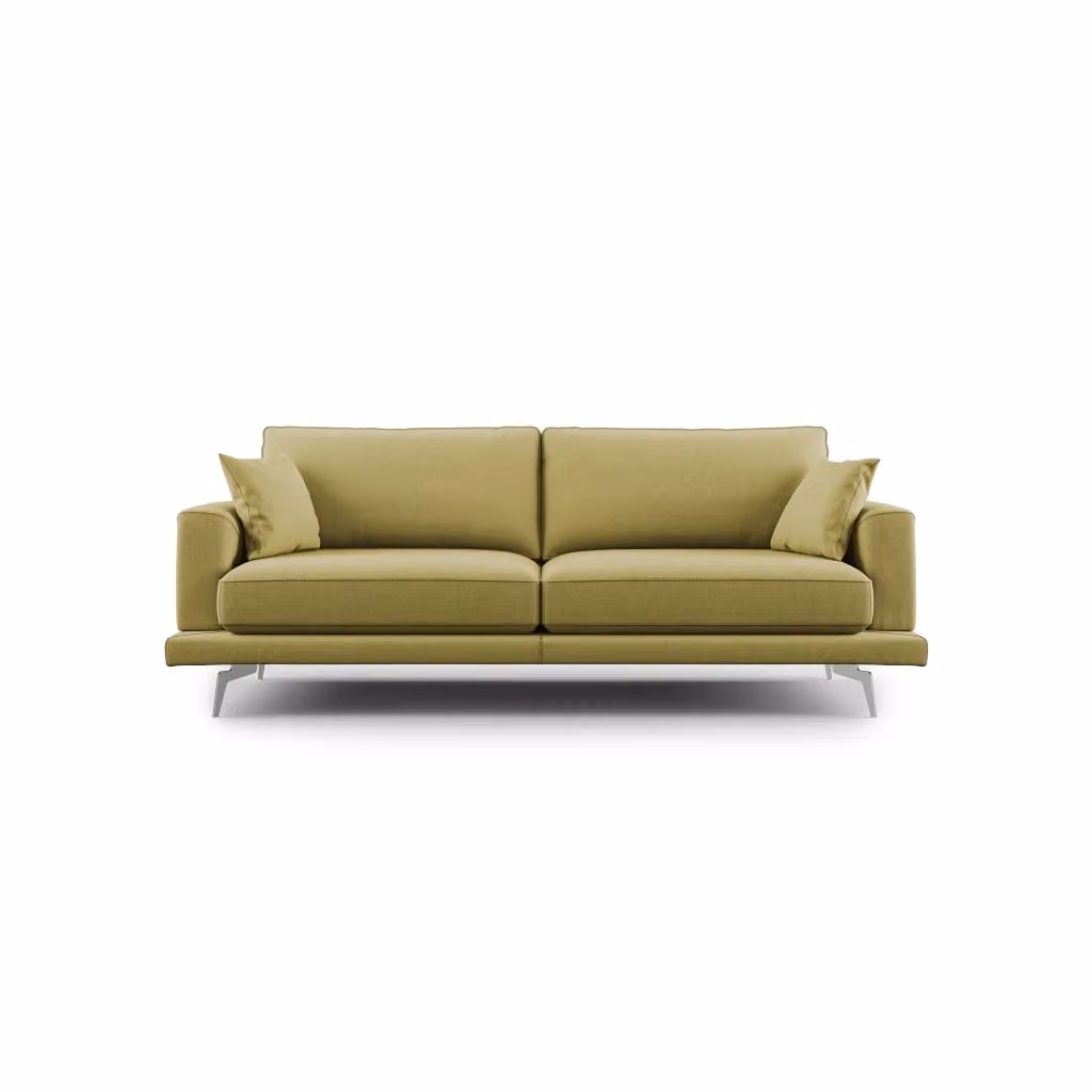 Divano moderno Dorian Divani.Store in tessuto antimacchia giallo con struttura in legno di abete e imbottitura in piuma, Larghezza: 218 cm – 2