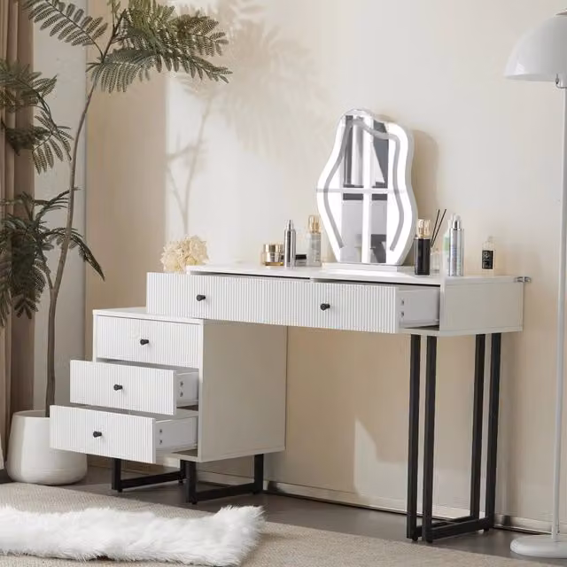 Tavolo da trucco WISHDOR bianco con specchio LED regolabile e 5 cassetti, L/P/H: 100 x 40 x 76 cm