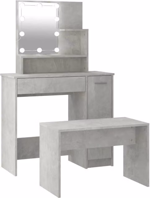 Set Tavolo da Toeletta | Tavolo da Trucco Grigio Cemento con LED Legno Multistrato