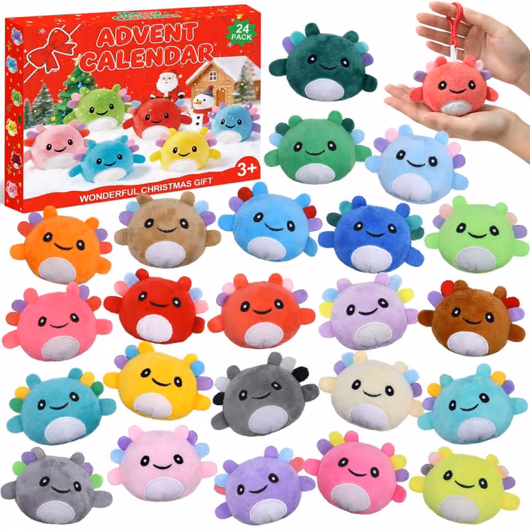 Calendario dell'Avvento a tema Axolotl con 24 piccoli peluche